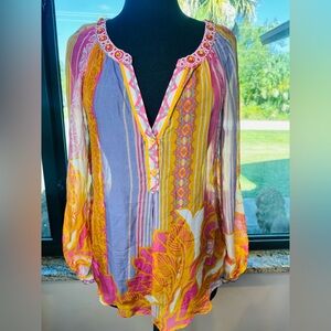 Hale Bob Multicolor Sheer Blouse Tunic Embellished Neckline Size Small